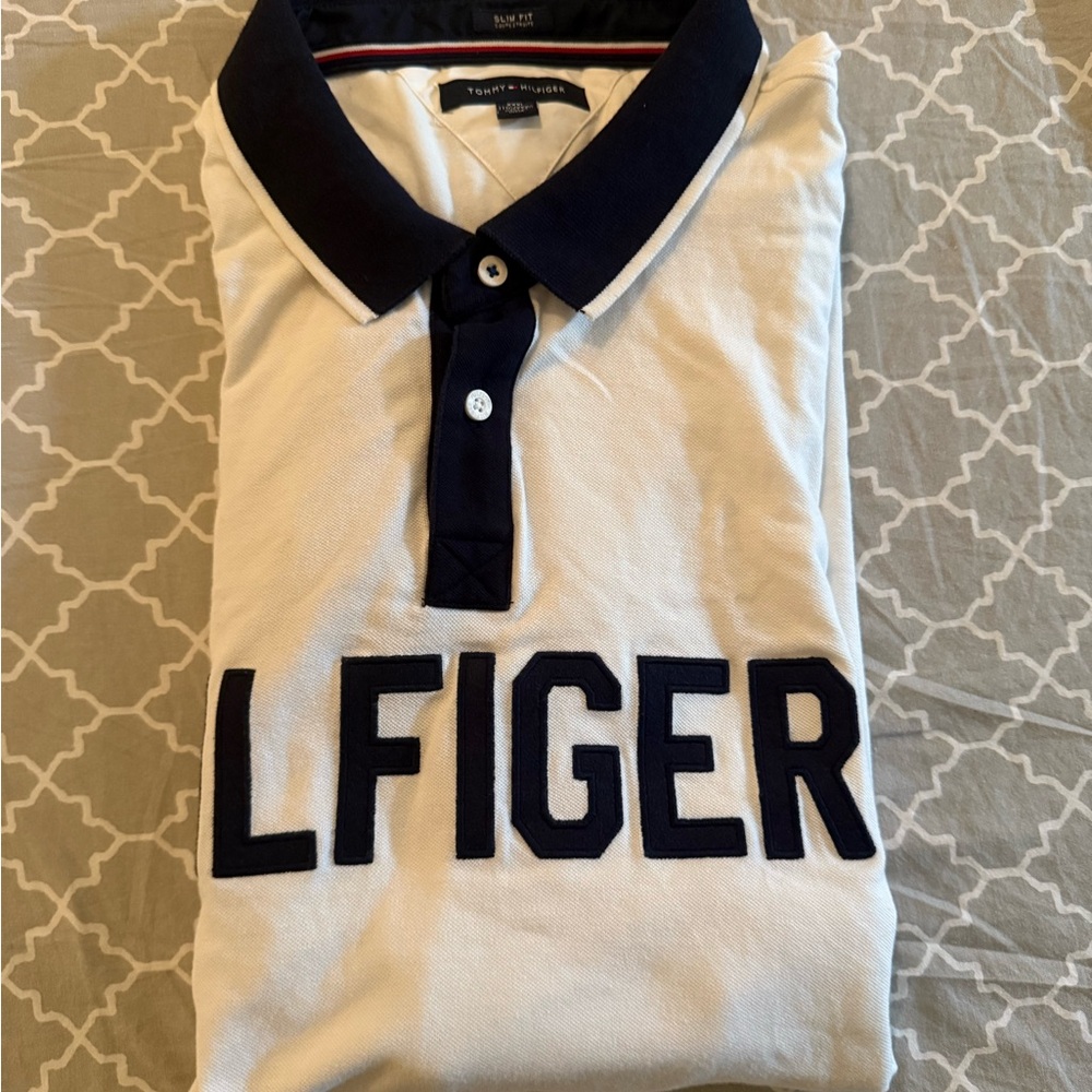 Tommy Hilfiger White and Navy Polo